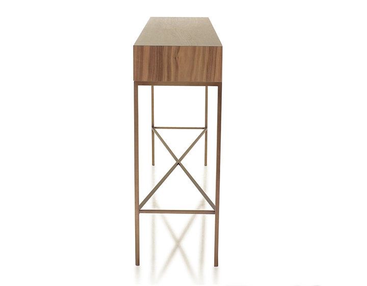 Console design noyer teinte naturelle et métal patine laiton 100 cm