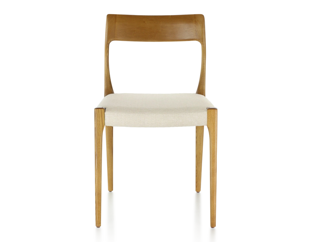 Chaise scandinave bois teinte merisier assise tissu chevron beige