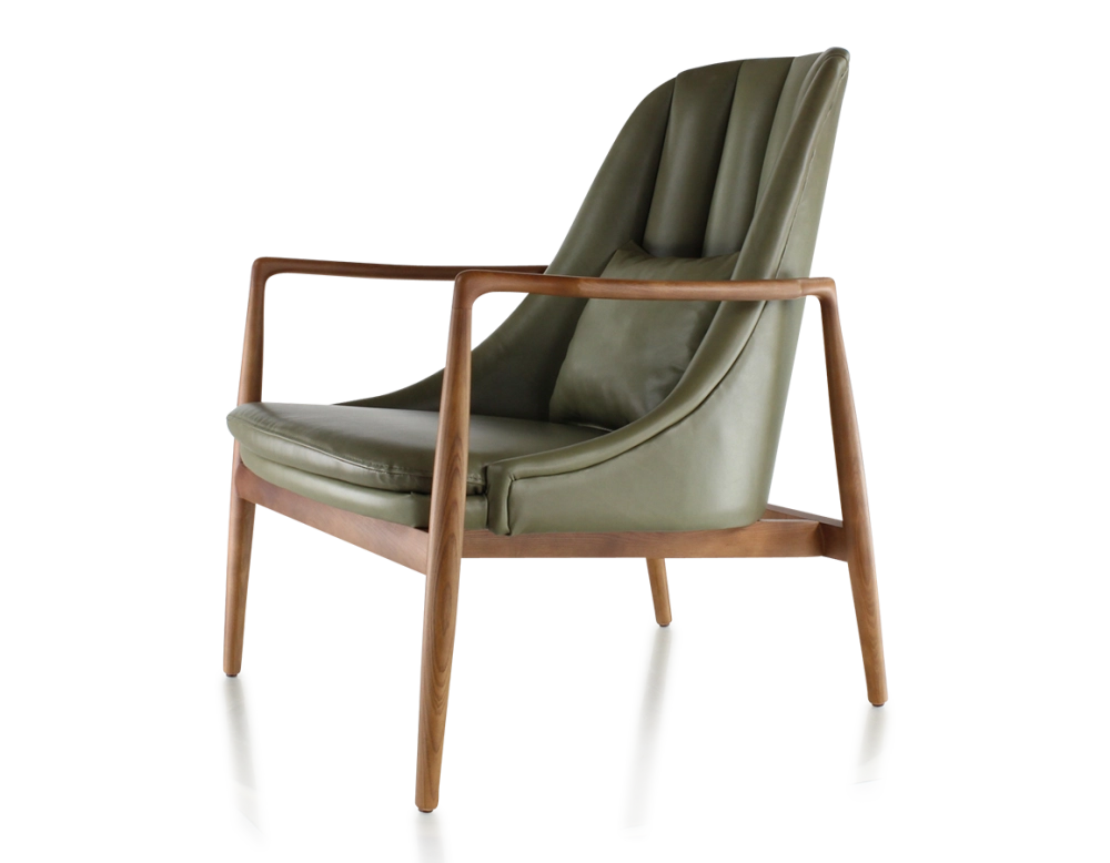 Scandinavian armchair bois teinte merisier et cuir vert kaki