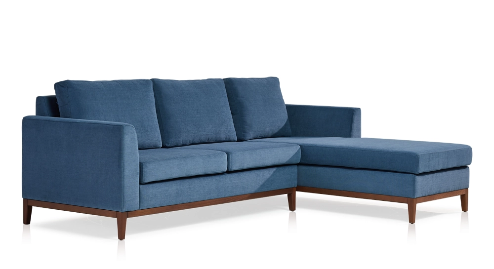 Canapé d'angle méridienne droite 4 places tissu bleu jean (2G - MD)