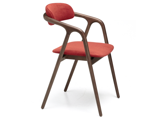 Chaise scandinave bois teinte marron foncé assise tissu orange brulé