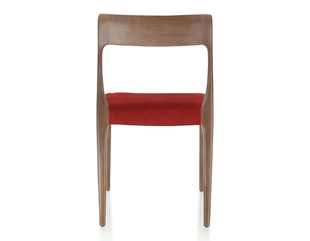 Chaise scandinave bois teinte marron foncé assise tissu bordeaux