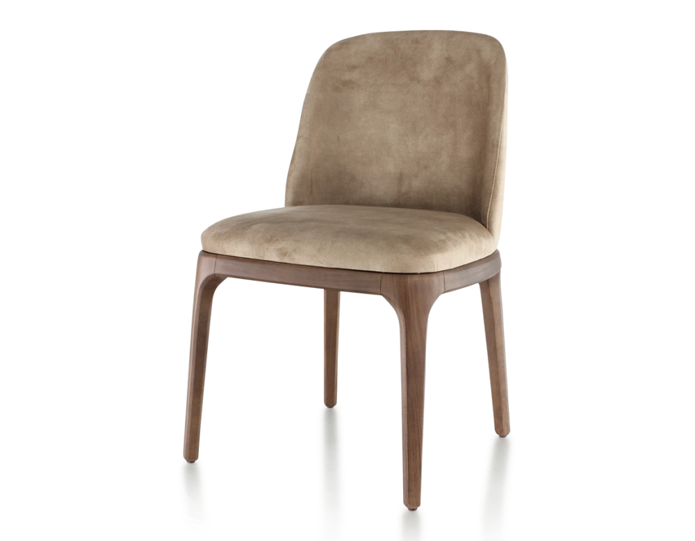Chaise design bois teinte marron foncé et tissu velours taupe clair