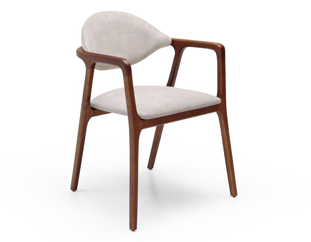 Chaise design avec accoudoirs bois teinte merisier et tissu velours sable