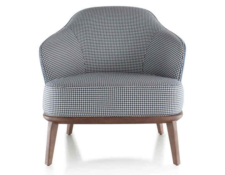 Fauteuil design cuir bleu orage et tissu pied-de-poule bleu et blanc