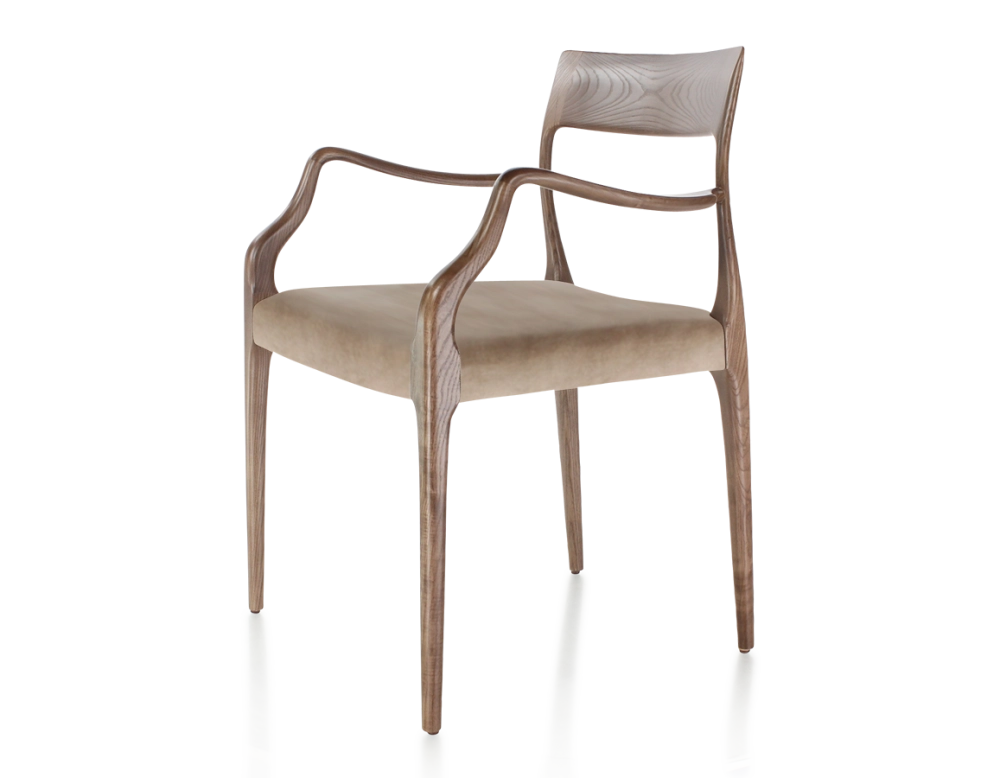 Chaise scandinave avec accoudoirs bois teinte marron foncé assise tissu velours taupe clair