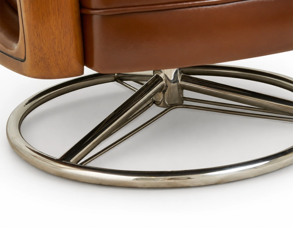 Fauteuil club pivotant bois et cuir marron vintage