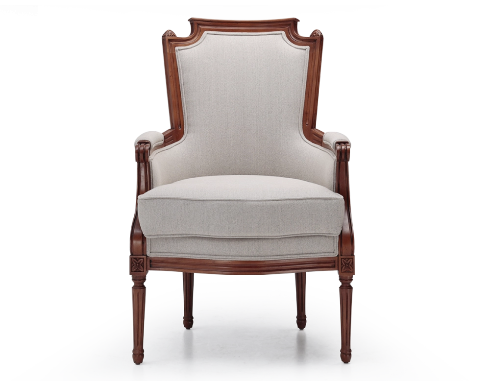 Sillón bergère estilo Luis XVI madera con tinte envejecido y tejido beige natural
