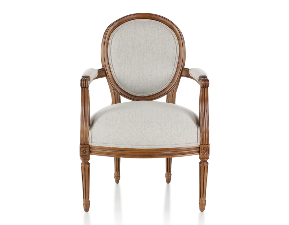 Antique Louis XVI style armchair wood stained antique and natural beige fabric