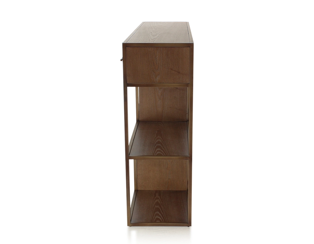 Console design frêne teinte marron foncé et métal patine laiton