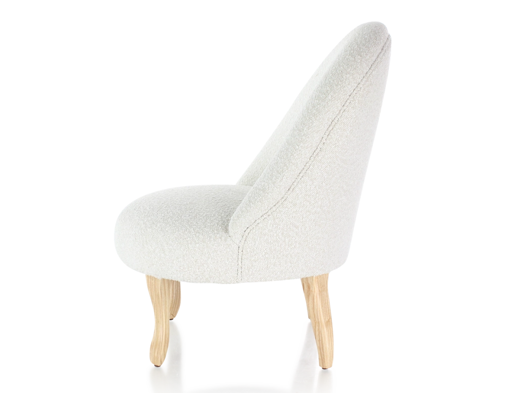 Fauteuil crapaud sans accoudoirs pieds bois teinte naturelle et tissu bouclé blanc