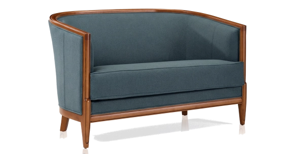 Antique 2 seater sofa with moulded armrests bois teinte ancienne et tissu bleu océan