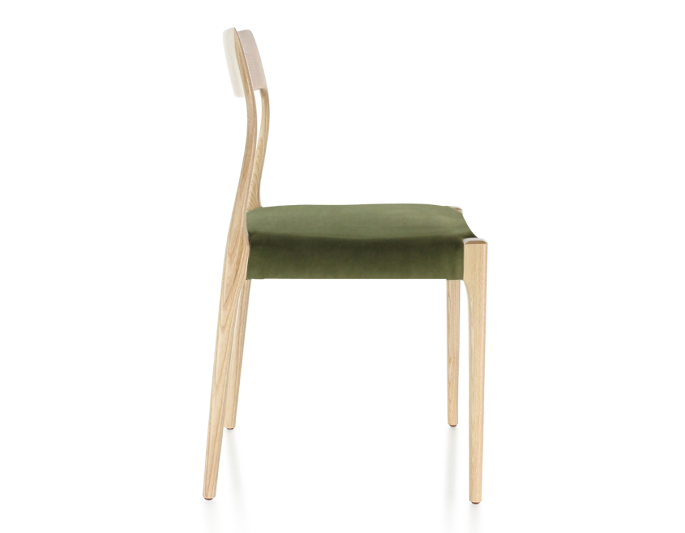 Chaise scandinave bois teinte naturelle assise tissu vert olive