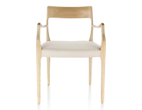 Chaise scandinave avec accoudoirs bois teinte naturelle assise tissu chevron beige