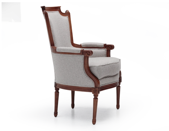 Sillón bergère estilo Luis XVI madera con tinte envejecido y tejido pata de gallo blanco y topo