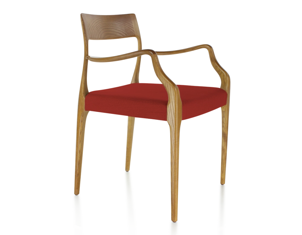 Chaise scandinave avec accoudoirs bois teinte merisier assise tissu bordeaux