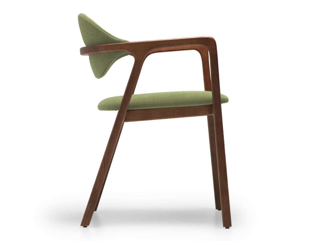 Chaise design avec accoudoirs bois teinte marron foncé et tissu vert