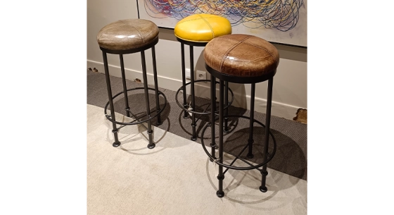Taburete de bar vintage de piel jaune, marron soutenu et vert olive