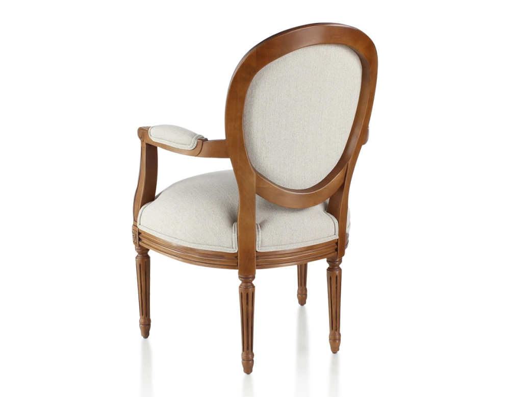 Antique Louis XVI style armchair wood stained antique and natural beige fabric