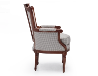 Fauteuil bergère style Louis XVI bois teinte ancienne et tissu pied de poule blanc et taupe