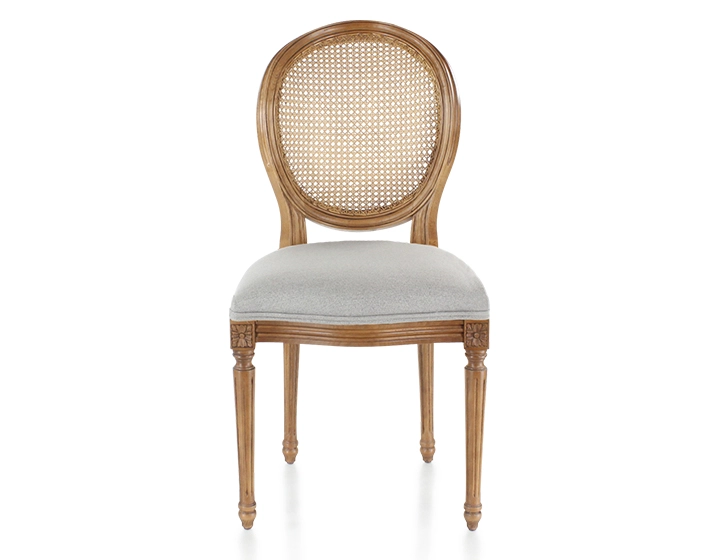 Antique Louis XVI style chair wood stained old caned back light grey fabric seat