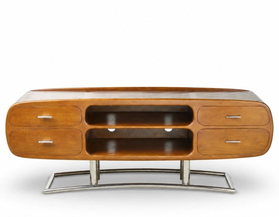 Meuble TV art déco métal et bois teinte merisier