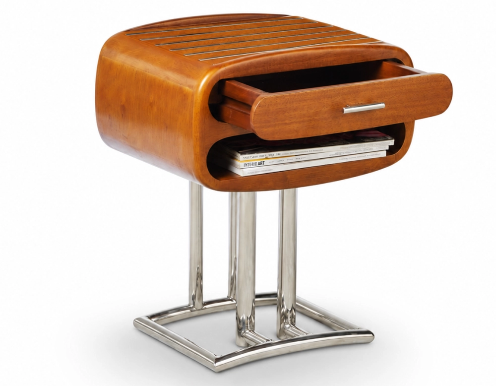 Art Deco bedside table métal et bois teinte merisier