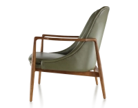 Scandinavian armchair bois teinte merisier et cuir vert kaki