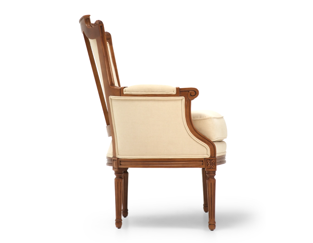 Sillón bergère estilo Luis XVI madera con tinte envejecido y tejido crema