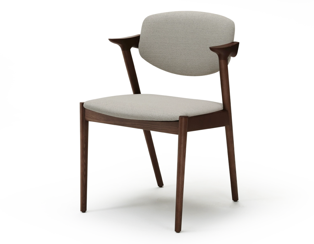 Chaise design teinte marron foncé et tissu beige naturel bois teinte marron foncé assise tissu beige naturel