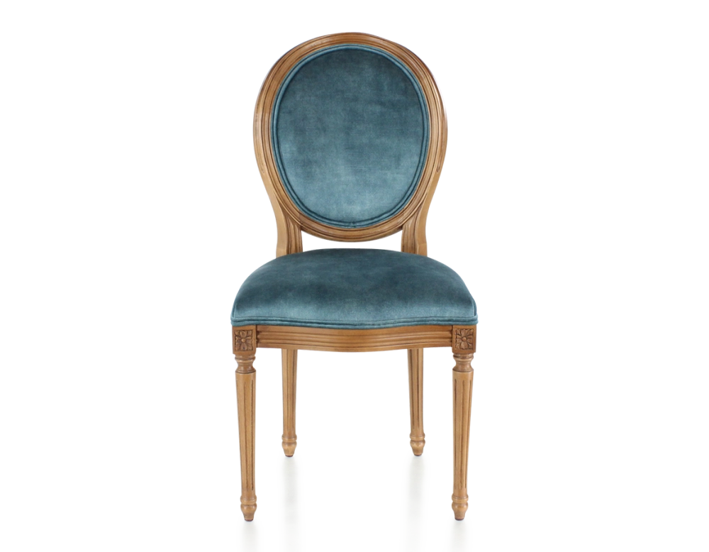 Chaise ancienne style Louis XVI bois teinte ancienne et tissu velours bleu pétrole
