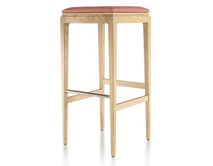 H80 cm designer bar stool natural wood stain coral pink fabric seat