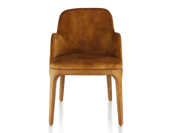 Chaise design avec accoudoirs bois teinte merisier et tissu velours bronze