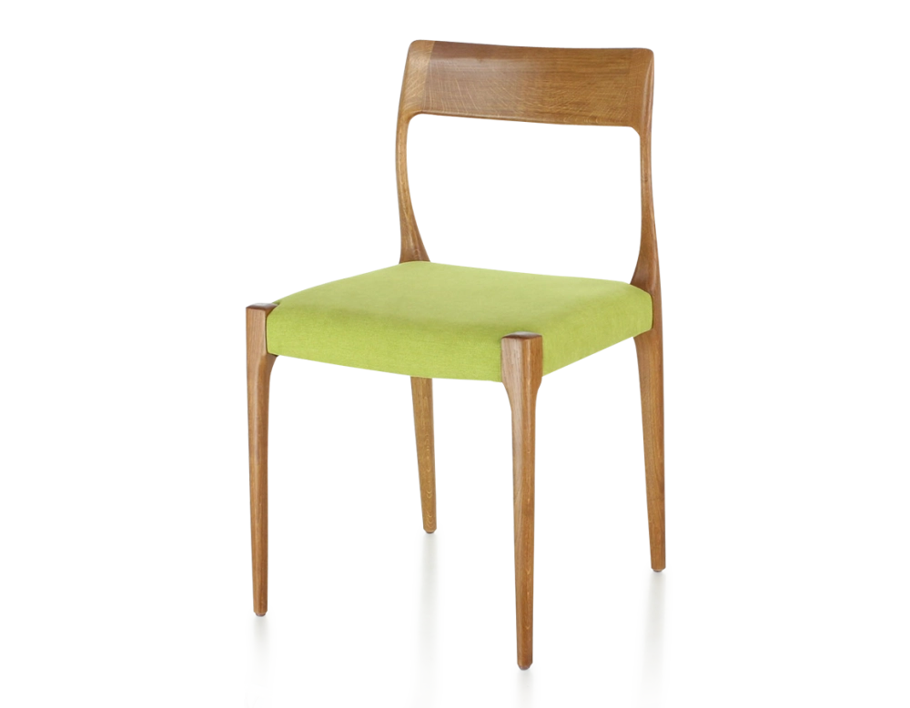 Scandinavian chair cherry-stained wood, apple green fabric seat