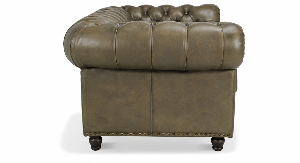 Canapé Chesterfield cuir 2 places vert olive accoudoirs cloutés
