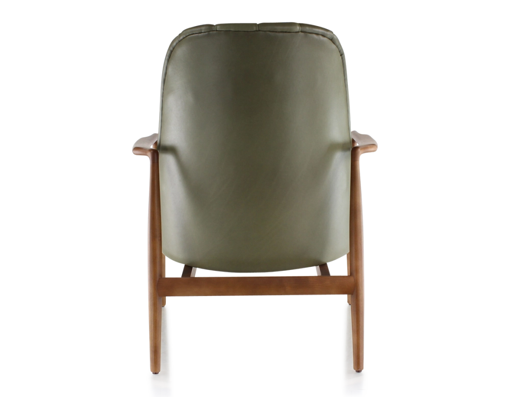Scandinavian armchair bois teinte merisier et cuir vert kaki