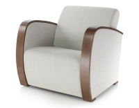 Designer armchair dark brown stained wood and natural beige fabric