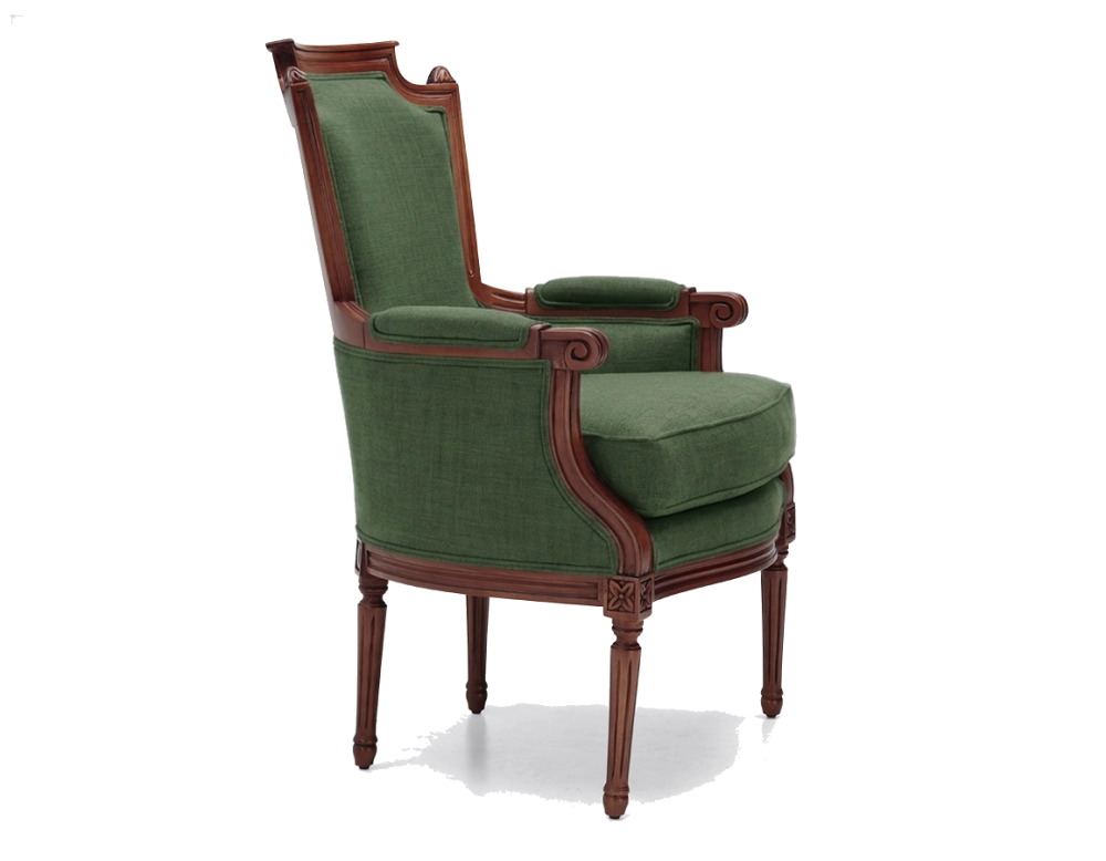 Sillón bergère estilo Luis XVI bois teinte ancienne et tissu vert foncé