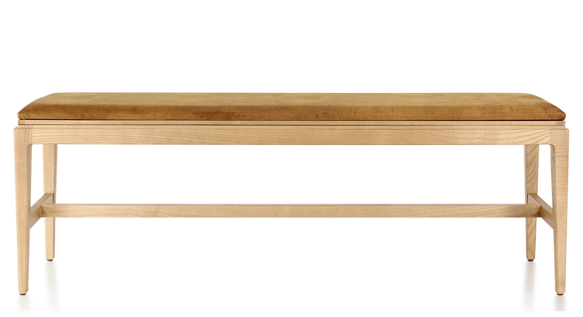 Designer bench natural stained wood, bronze velvet fabric seat, L140 cm