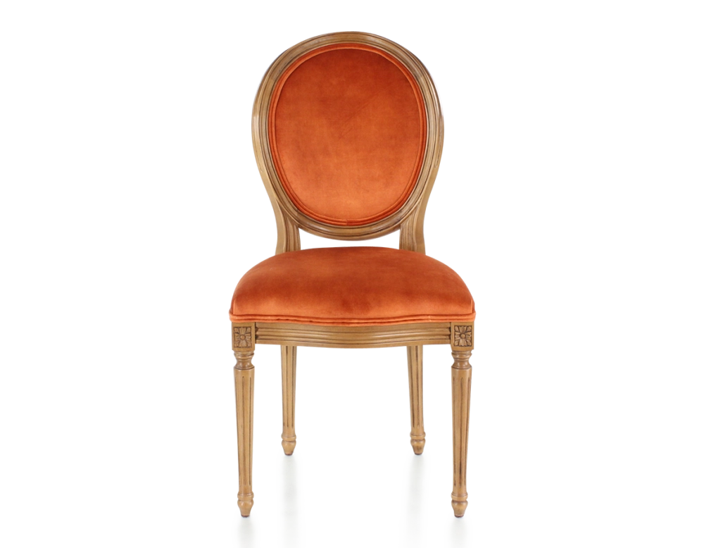 Antique Louis XVI style chair wood in antique stain and terracotta velvet fabric