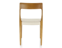 Chaise scandinave bois teinte merisier assise tissu chevron beige