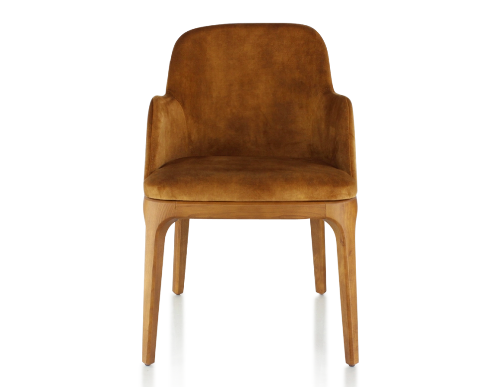 Chaise design avec accoudoirs bois teinte merisier et tissu velours bronze