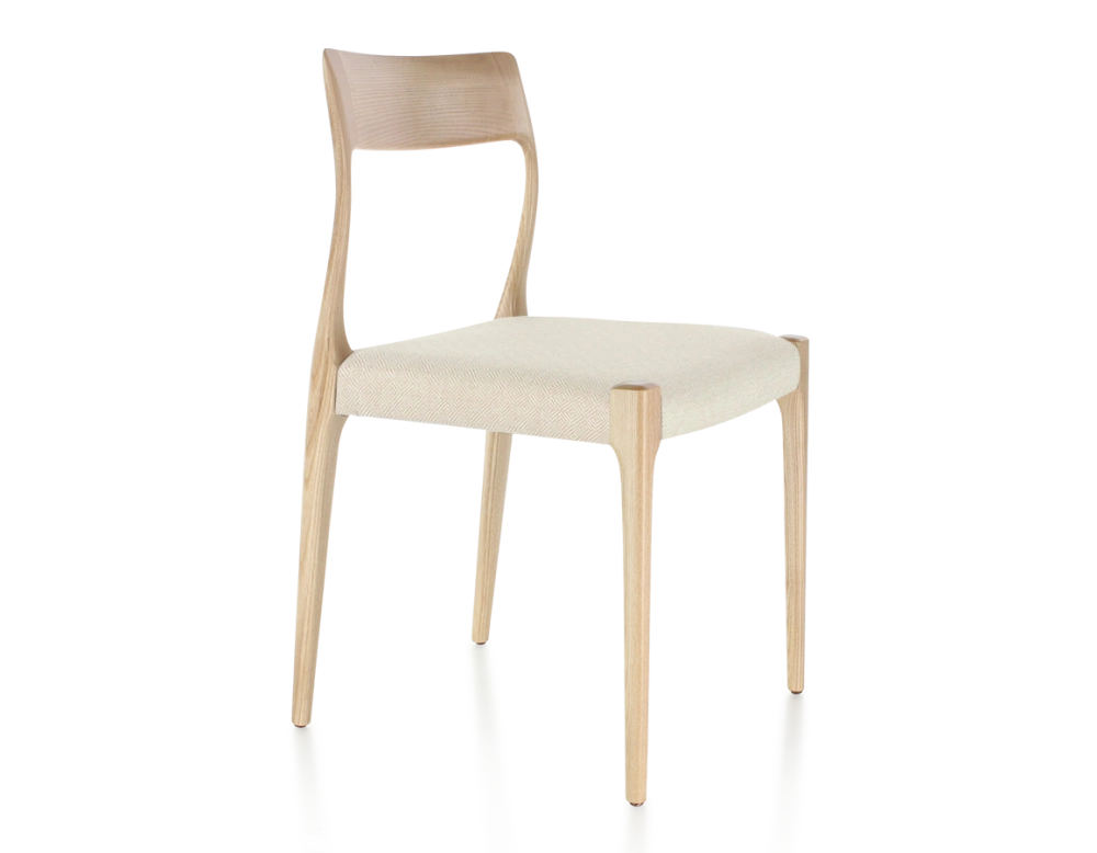 Scandinavian chair natural stained wood, beige chevron fabric seat