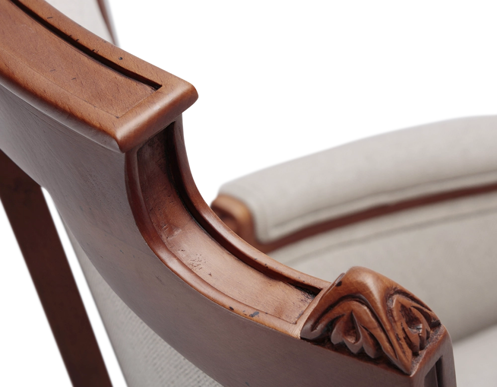 Sillón bergère estilo Luis XVI madera con tinte envejecido y tejido beige natural