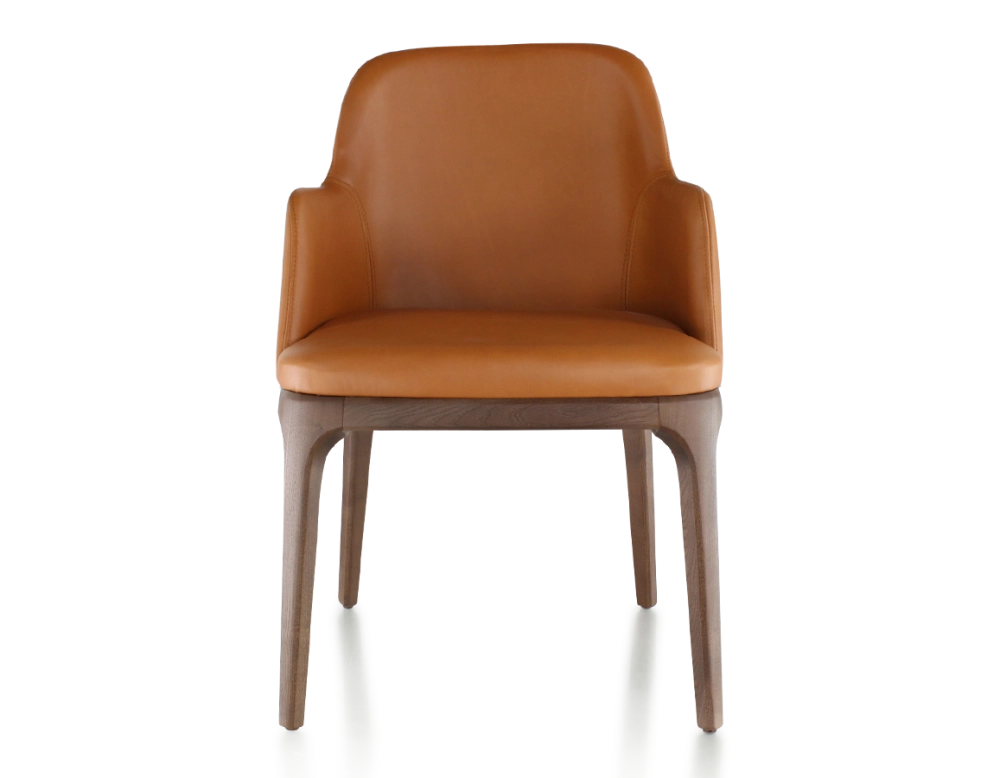 Chaise design avec accoudoirs bois teinte marron foncé et cuir caramel