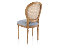 Chaise ancienne style Louis XVI bois teinte ancienne dossier canné assise tissu chevron bleu
