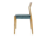 Chaise scandinave bois teinte merisier assise tissu velours bleu pétrole