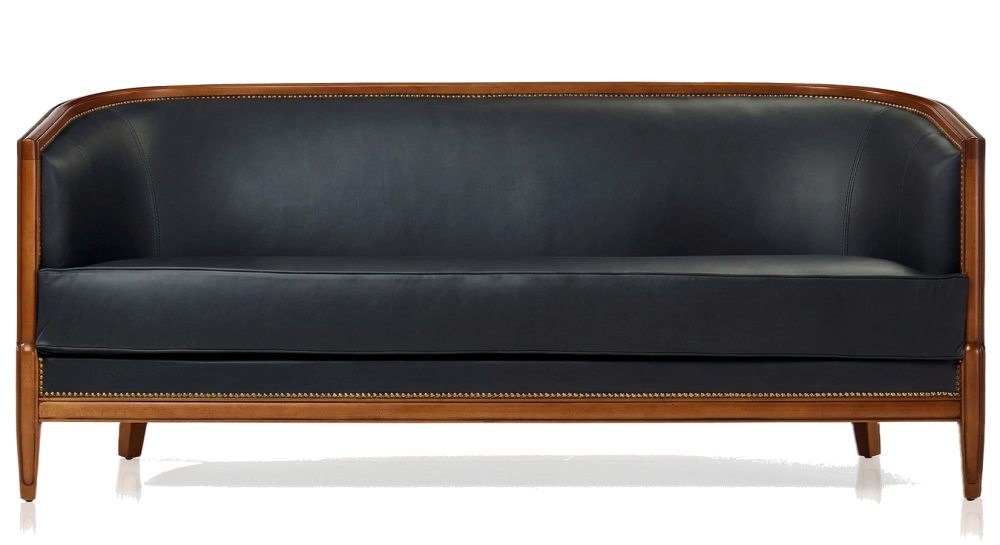 Antique 3 seater sofa with moulded armrests bois teinte ancienne et cuir noir