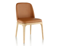 Designer chair natural stained wood and caramel leather