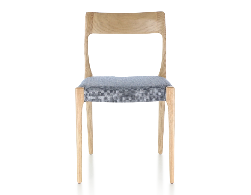 Scandinavian chair natural stained wood, blue chevron fabric seat